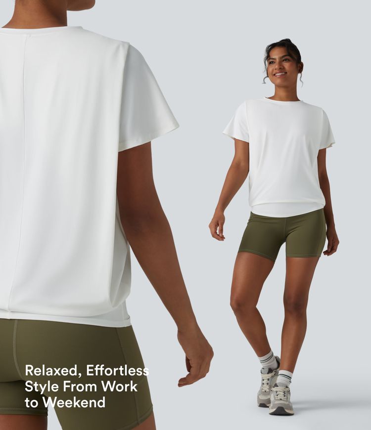 Round Neck Short Sleeve Ruched InstantCool Yoga Sports Top-UPF50+